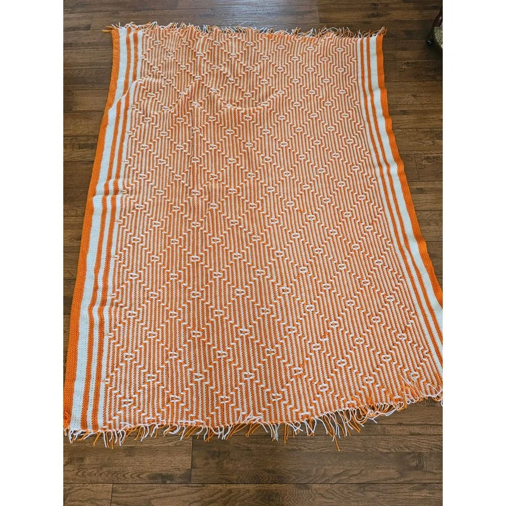 Vintage Handmade Crochet Afghan Orange White Geometric Mosaic Fringe 67x46 - Picture 2 of 6
